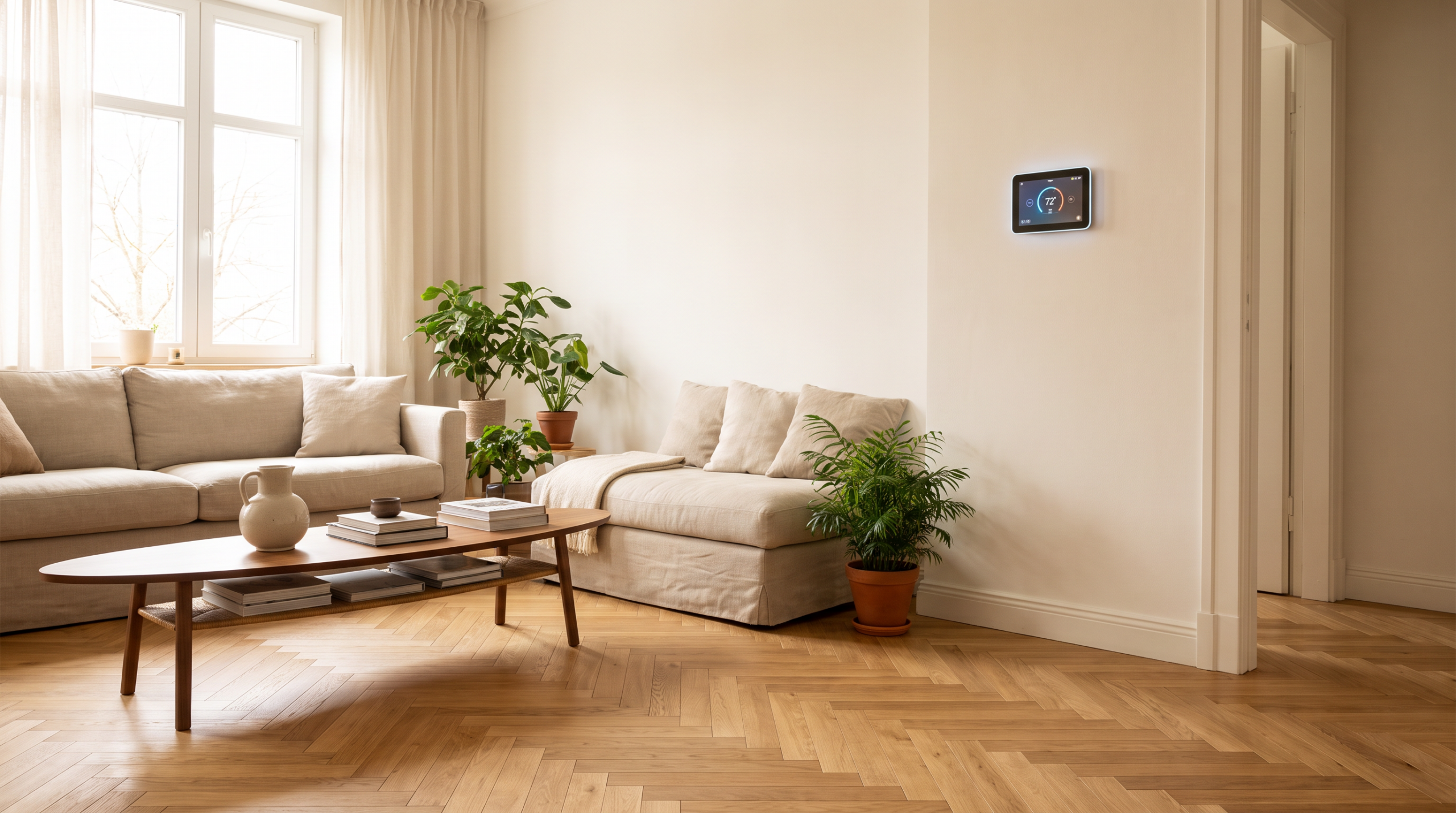 Fußbodenheizung nachrüsten Ergebnis: Wohnzimmer mit Parkett und Thermostat der Fußbodenheizung