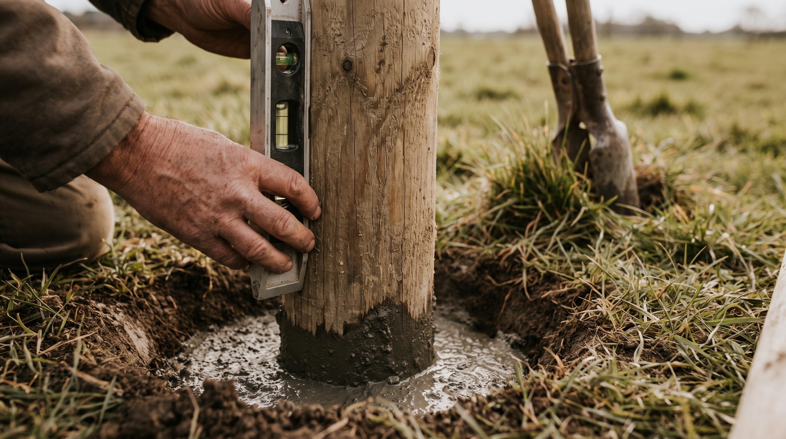 Gartenzaun selber bauen: Zaunpfosten wird einbetoniert