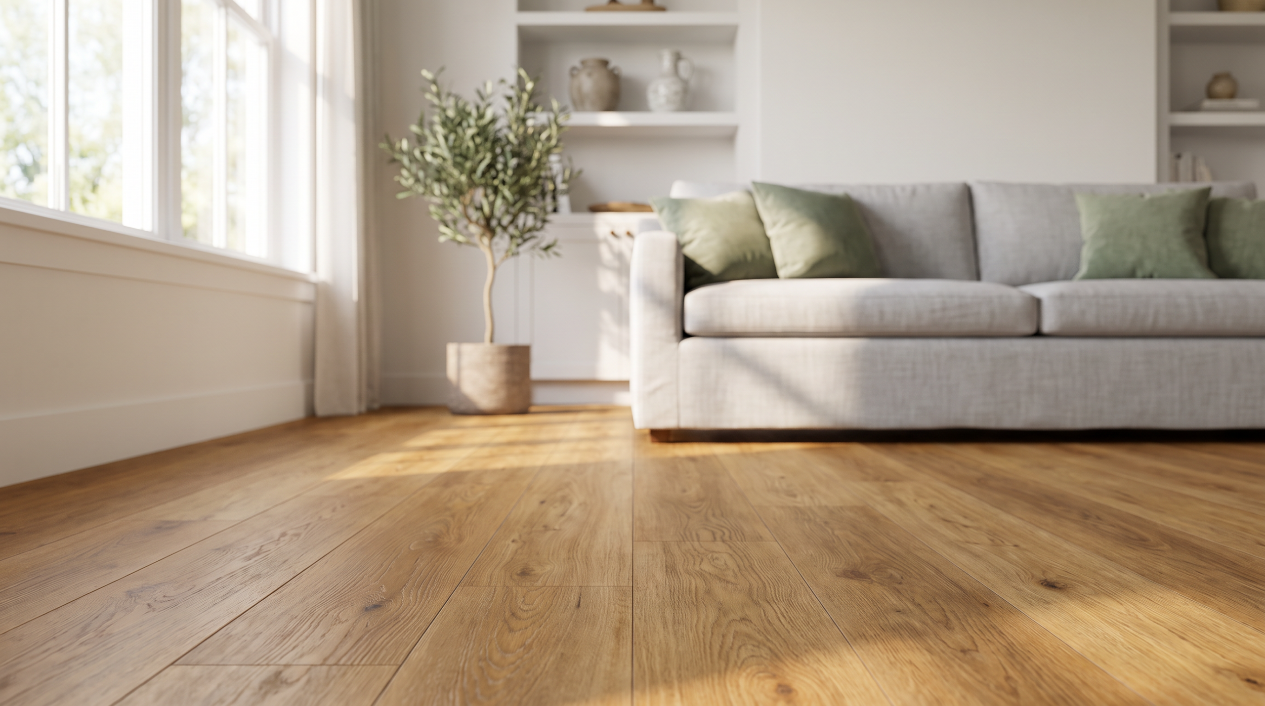 Bodenbelag auswählen: Wohnzimmer mit neu verlegtem Vinylboden in Holzoptik
