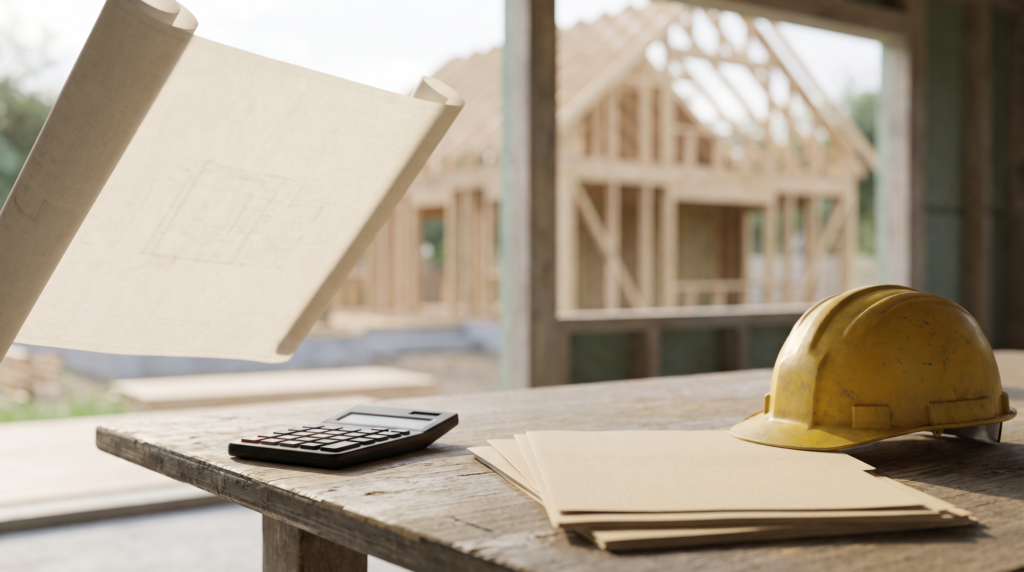 Hausbau Finanzierung: Bauplan, Taschenrechner und Bauhelm auf dem Baustellentisch