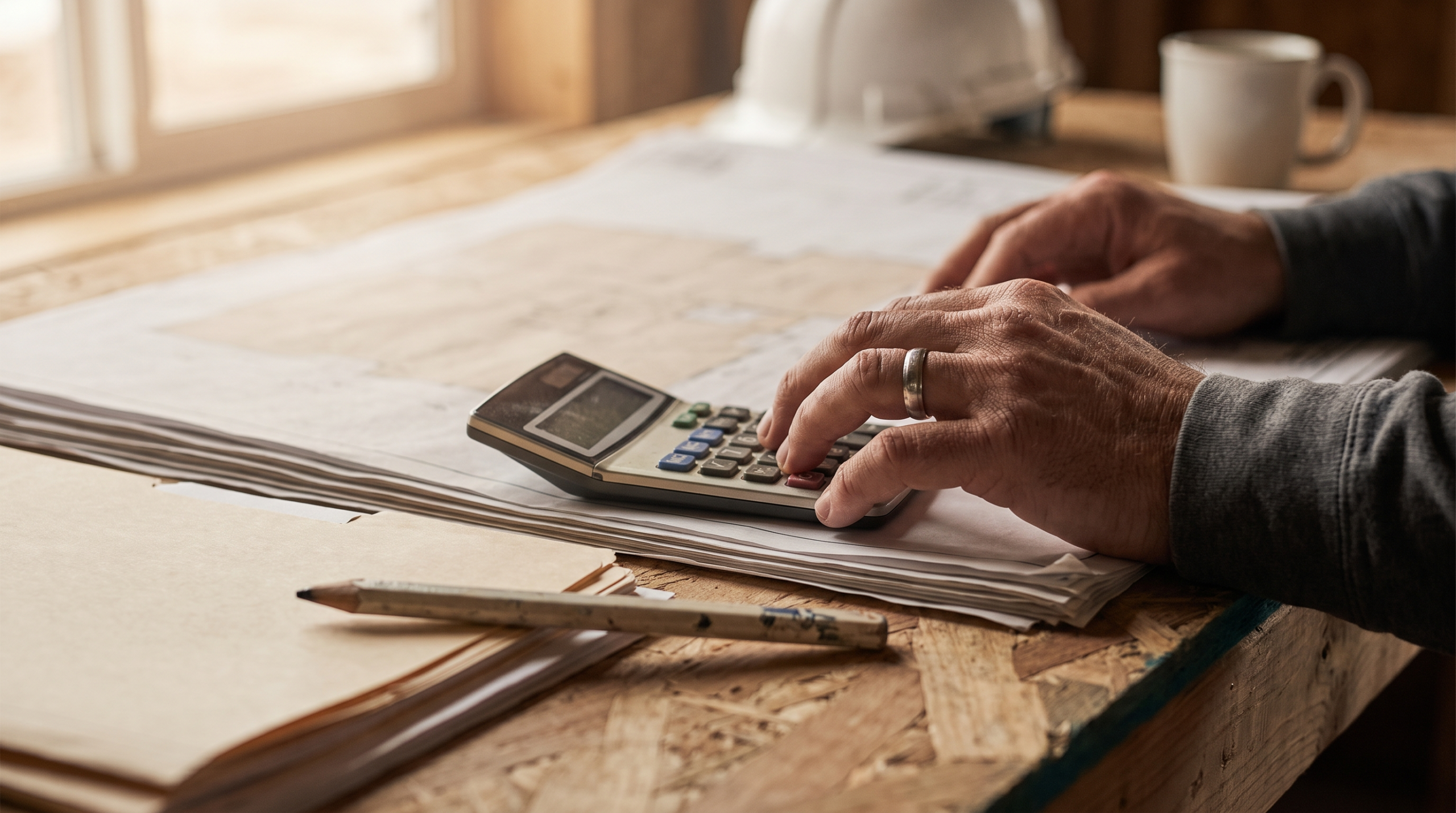 Hausbau Finanzierung: Bauplan und Taschenrechner bei der Baukostenkalkulation