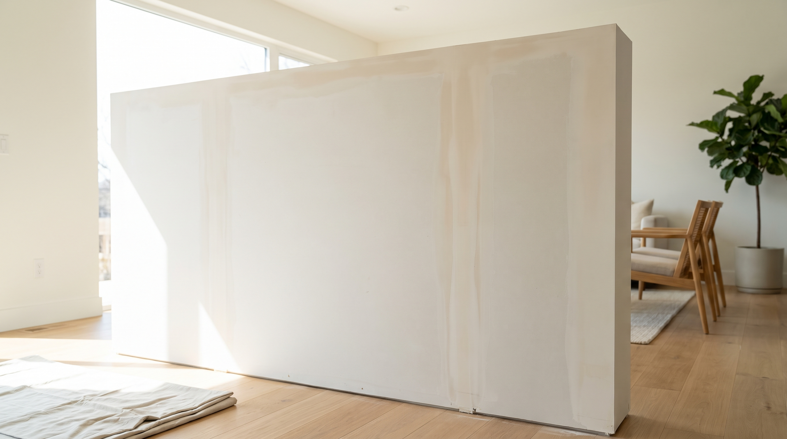 Rigipswand selber bauen: fertig verspachtelte Trockenbauwand im Wohnraum