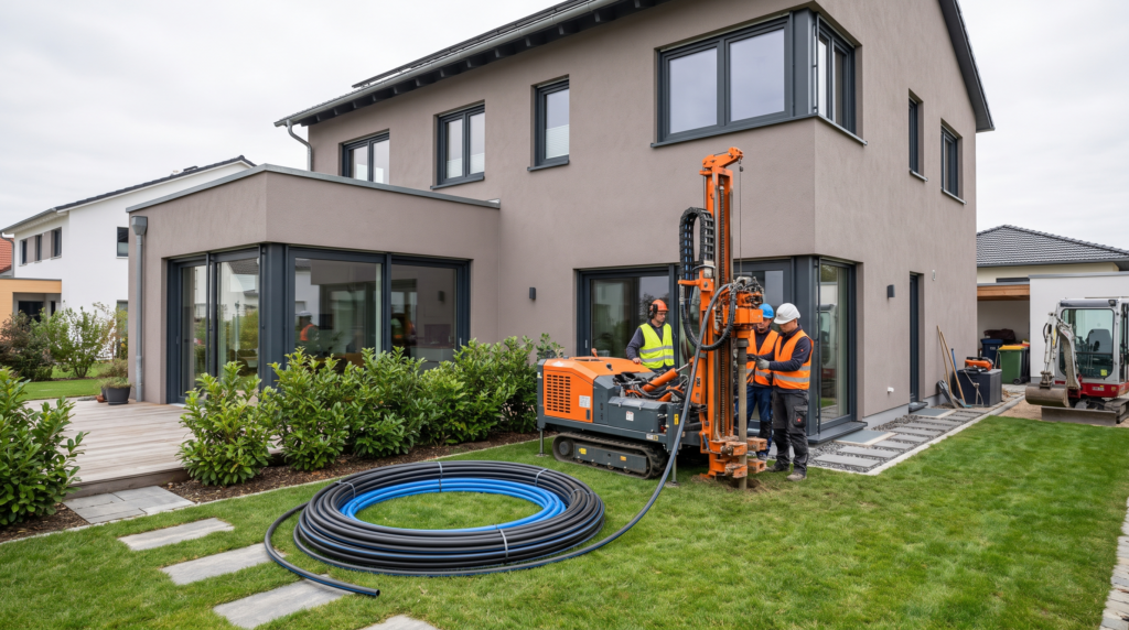 Geothermie Haus: Bohrgerät installiert Erdwärmesonde im Garten eines Einfamilienhauses