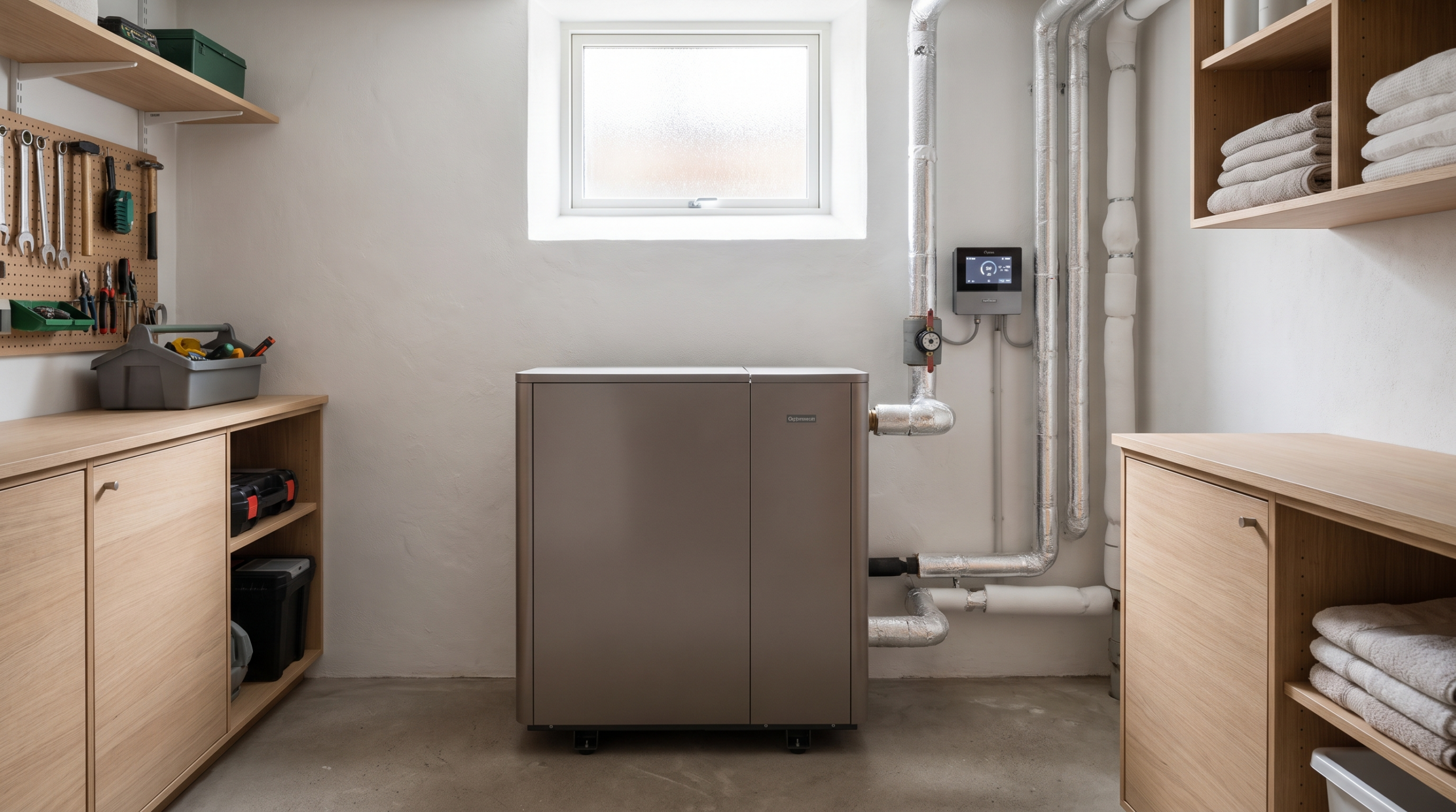 Geothermie Haus: Wärmepumpe im Technikraum angeschlossen an die Erdwärme-Leitungen