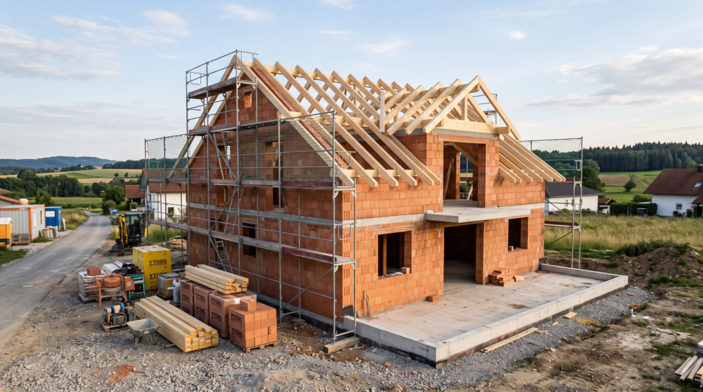 Rohbau Kosten 2026: Einfamilienhaus im Rohbau mit Mauerwerk und Dachstuhl