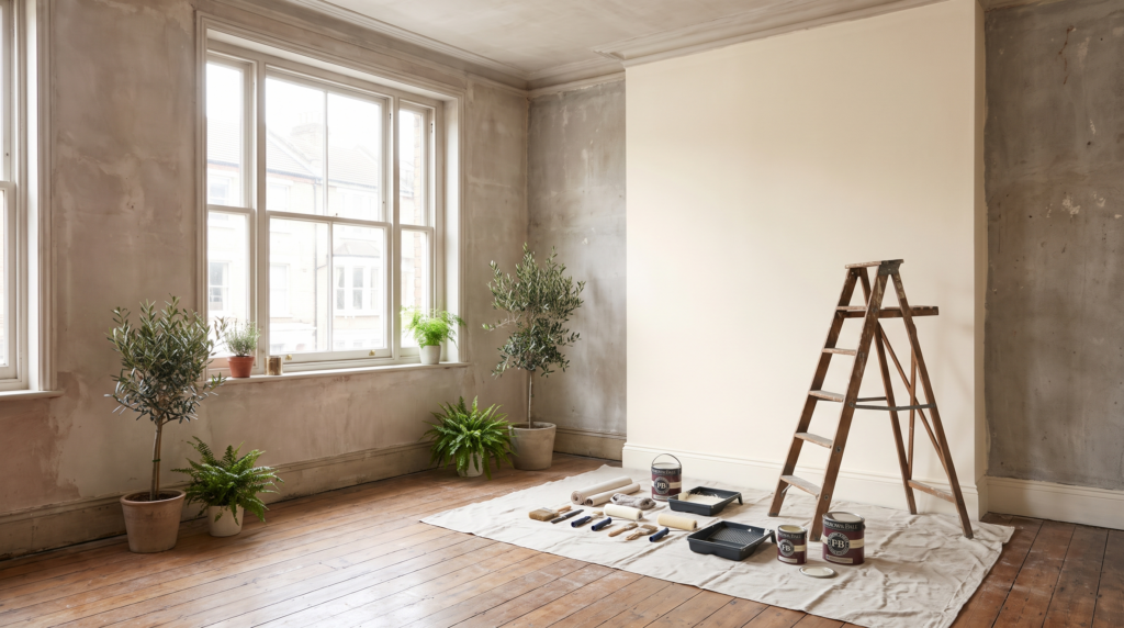 Wohnung renovieren Kosten: Wohnzimmer mitten in der Renovierung mit Malerarbeiten