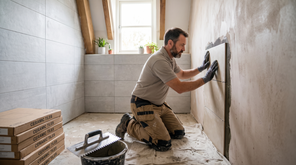 Fliesenleger Kosten pro m2 - professioneller Fliesenleger verlegt Wandfliesen im Badezimmer