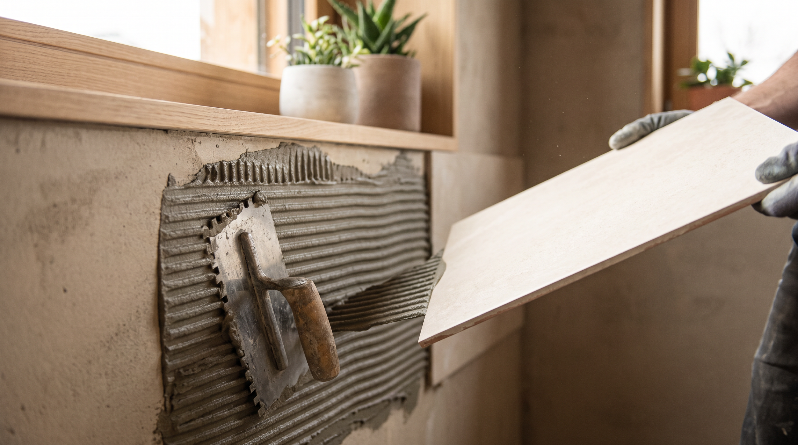 Fliesenleger Kosten pro m2 - Detail Fliesenkleber im Kammbett vor dem Verlegen