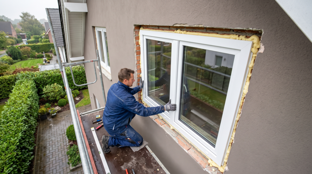 Fenster austauschen Kosten 2026 - Handwerker montiert neues Fenster in Hausfassade