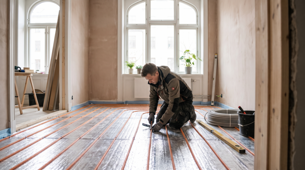 Fußbodenheizung nachrüsten: Handwerker verlegt Heizungsrohre auf Dämmplatten im Altbau