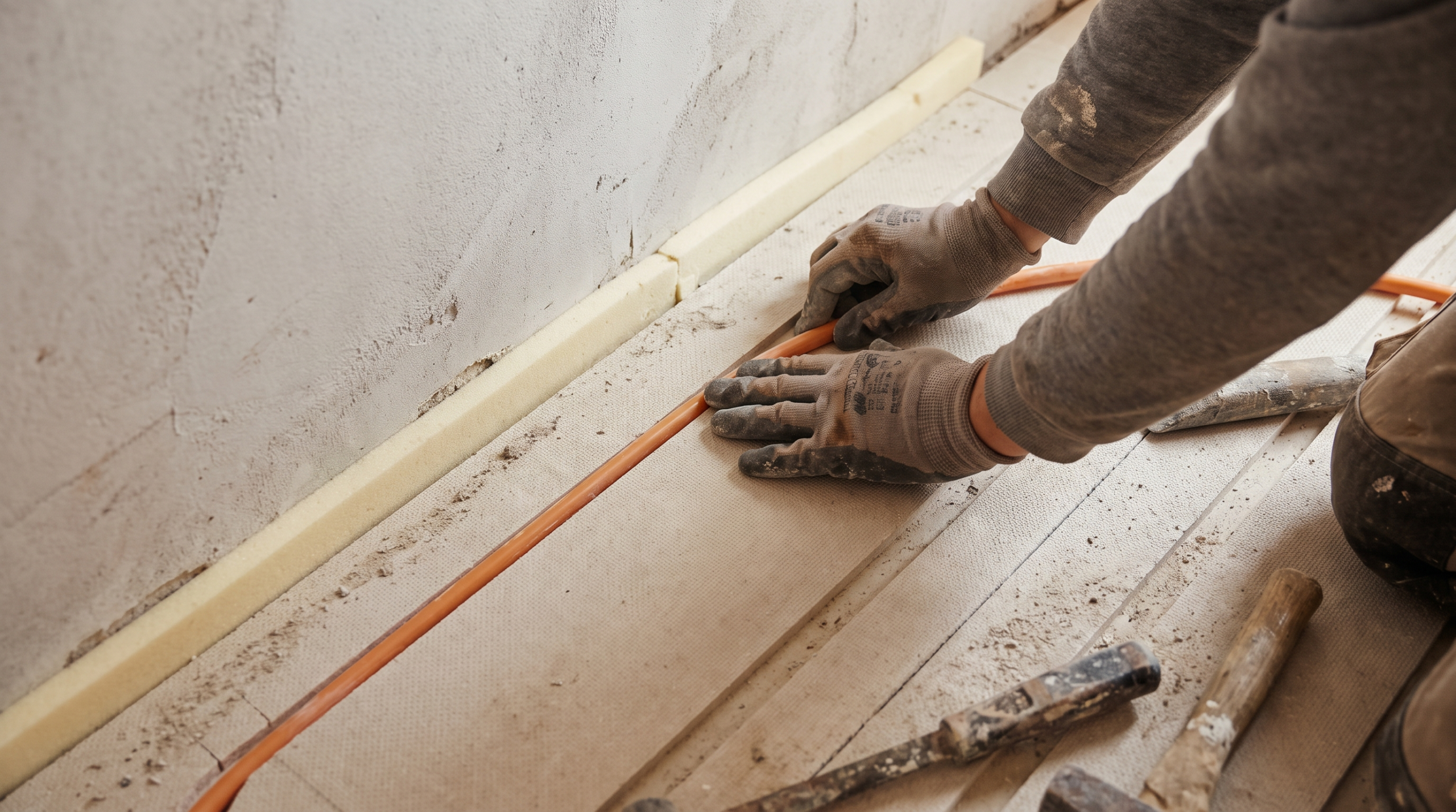 Fußbodenheizung nachrüsten: Handwerker verlegt Heizungsrohre in Trockenbau-Verlegeplatten