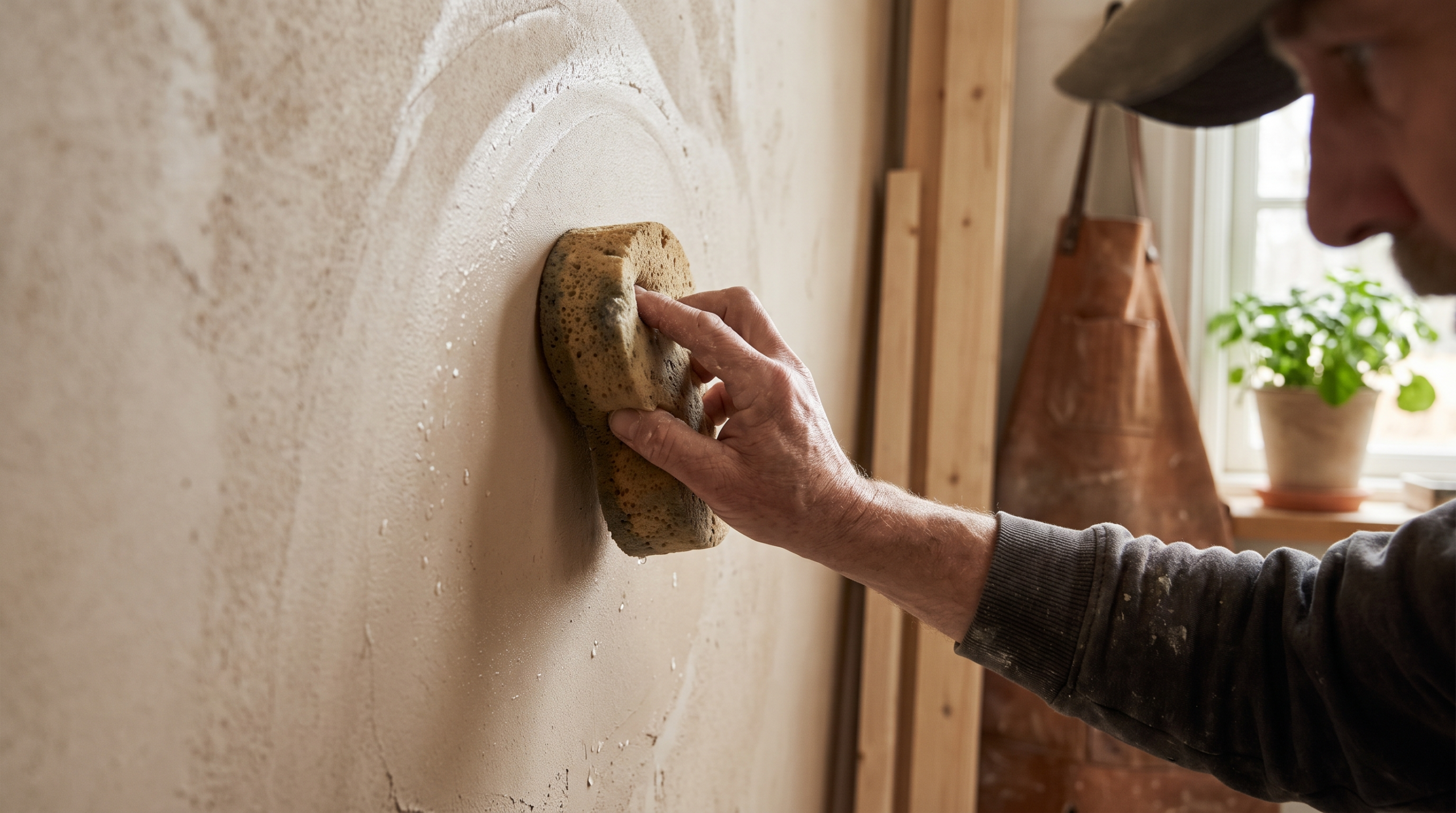 Innenputz erneuern Anleitung: Handwerker glättet frisch verputzte Wand mit Schwammbrett