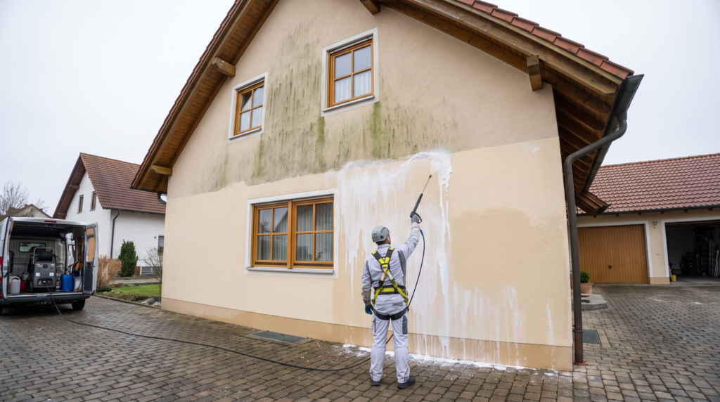 Fassadenreinigung Kosten: Handwerker reinigt Hausfassade mit Niederdruckverfahren
