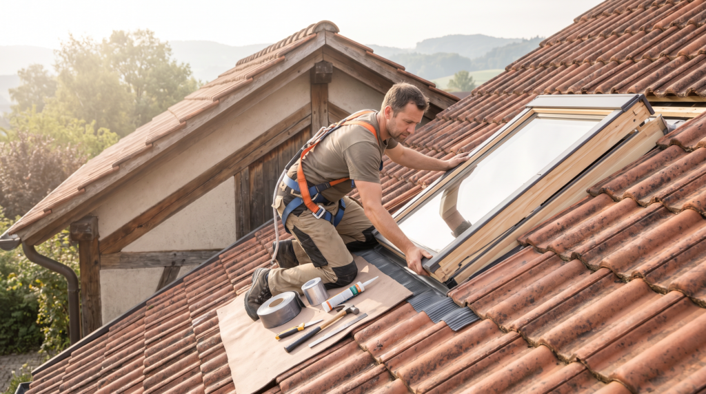 Dachfenster einbauen Kosten: Handwerker montiert neues Dachfenster auf Ziegeldach