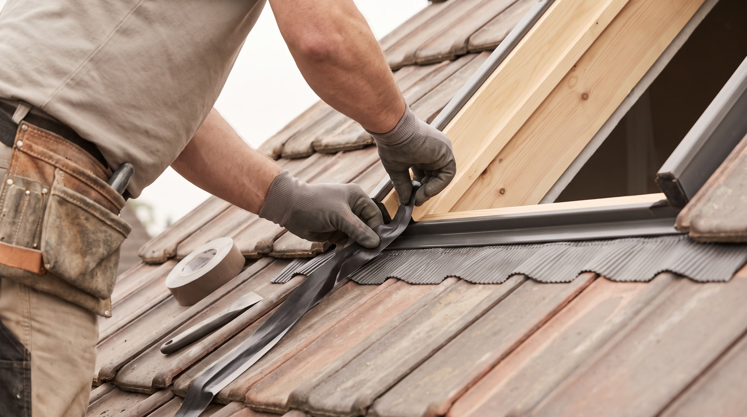 Dachfenster einbauen Kosten: Handwerker dichtet Dachfenster-Rahmen ab