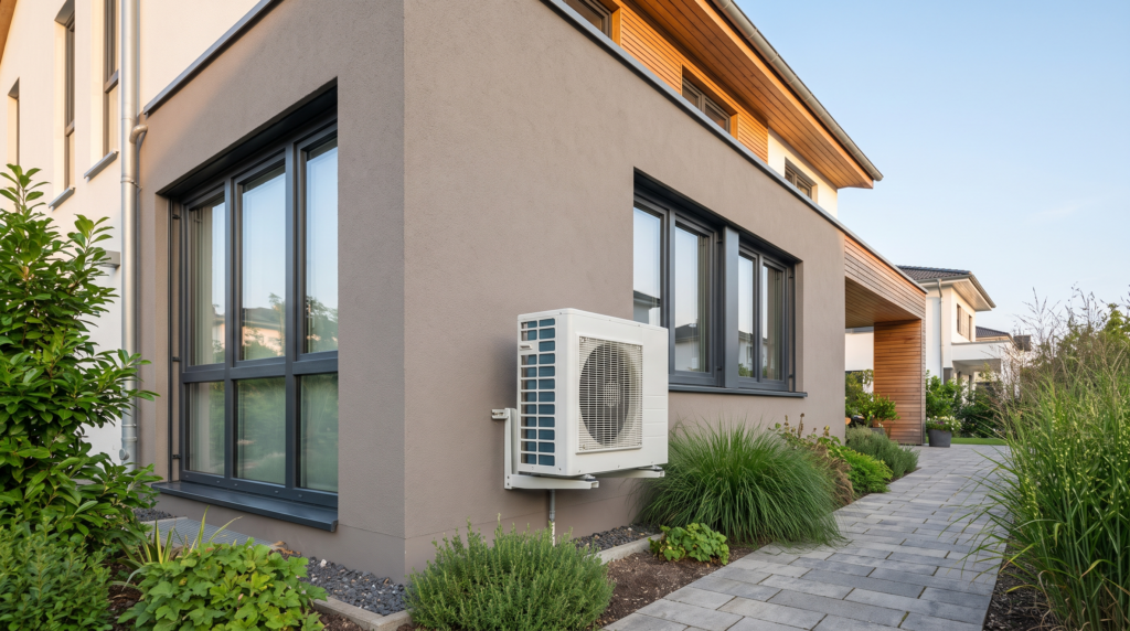 Klimaanlage einbauen Kosten: moderne Split-Klimaanlage Außeneinheit an Hausfassade
