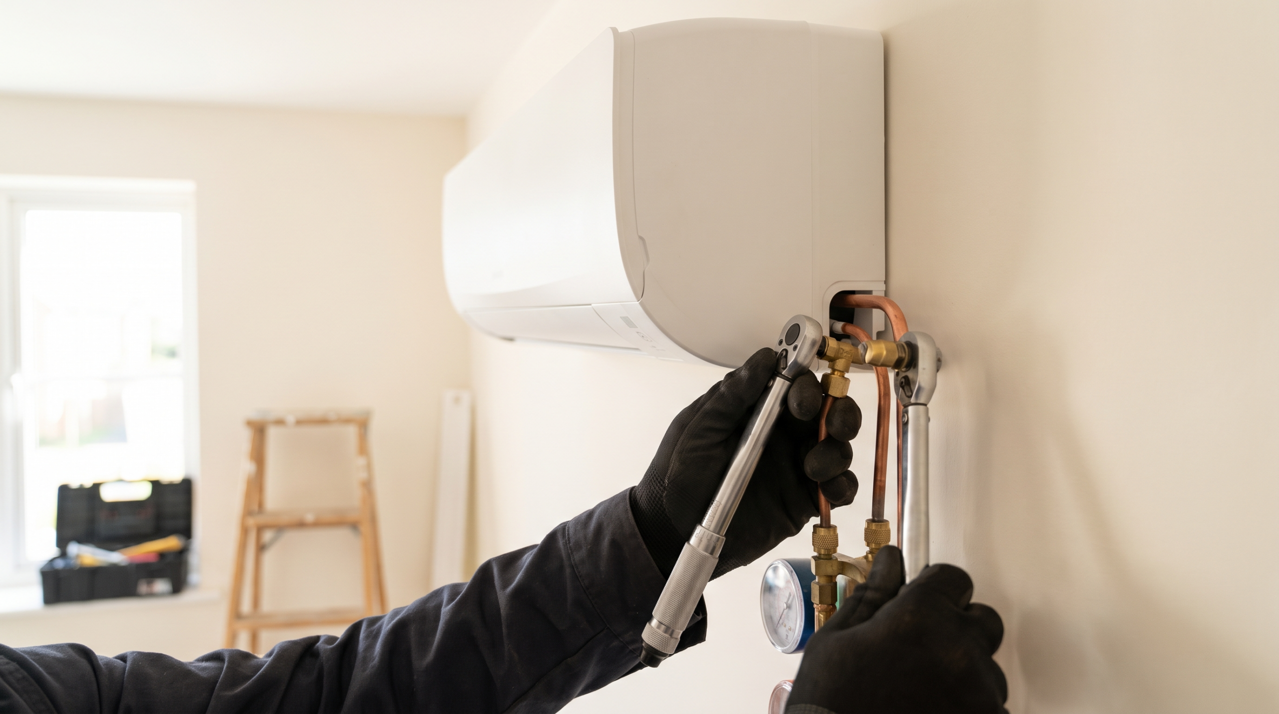 Klimaanlage einbauen Kosten: Techniker montiert Innengerät einer Split-Klimaanlage