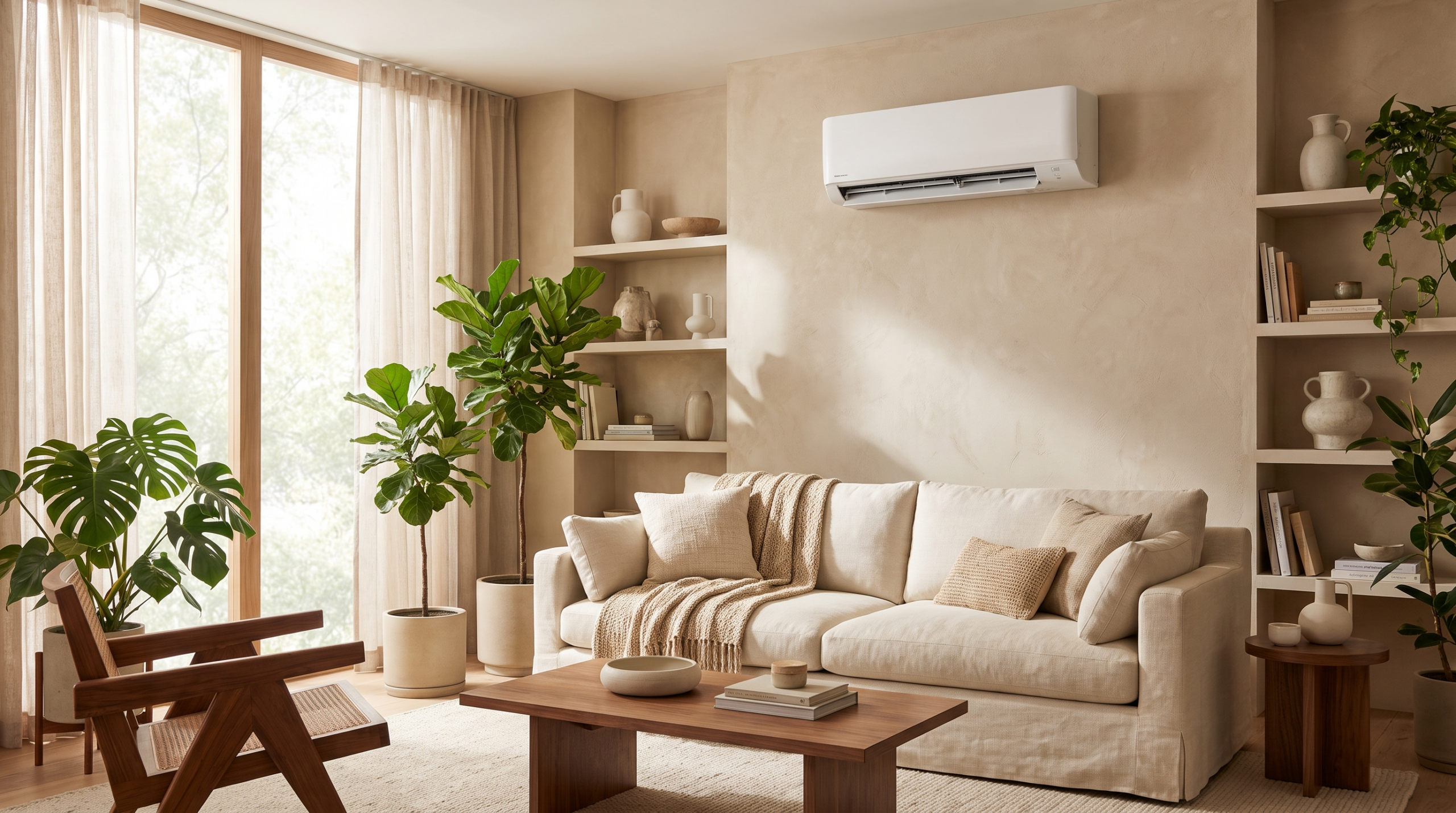 Klimaanlage einbauen Kosten: modernes Wohnzimmer mit installierter Split-Klimaanlage