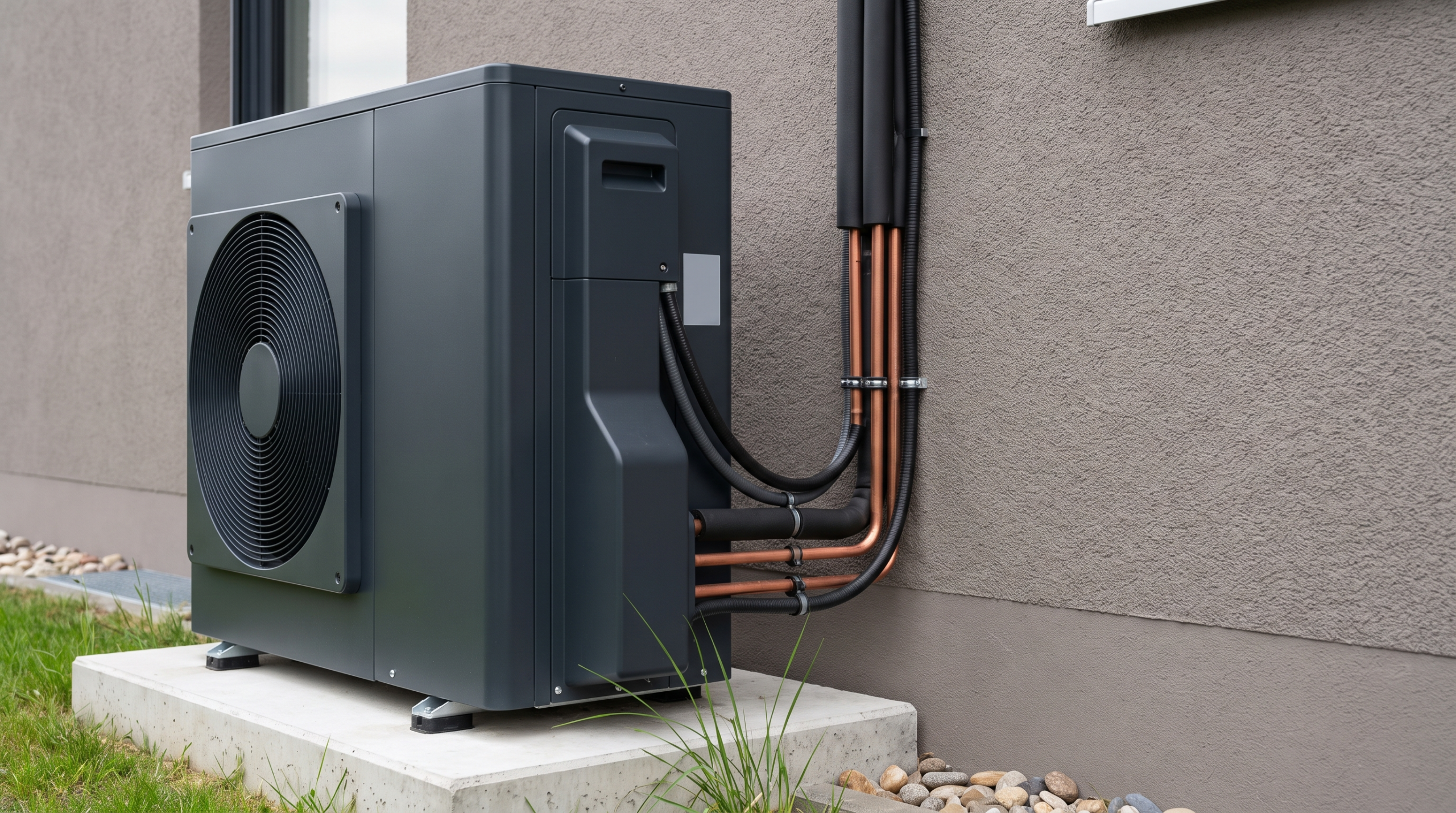 Wärmepumpen-Außeneinheit an moderner Hauswand, Förderung Wärmepumpe 2026