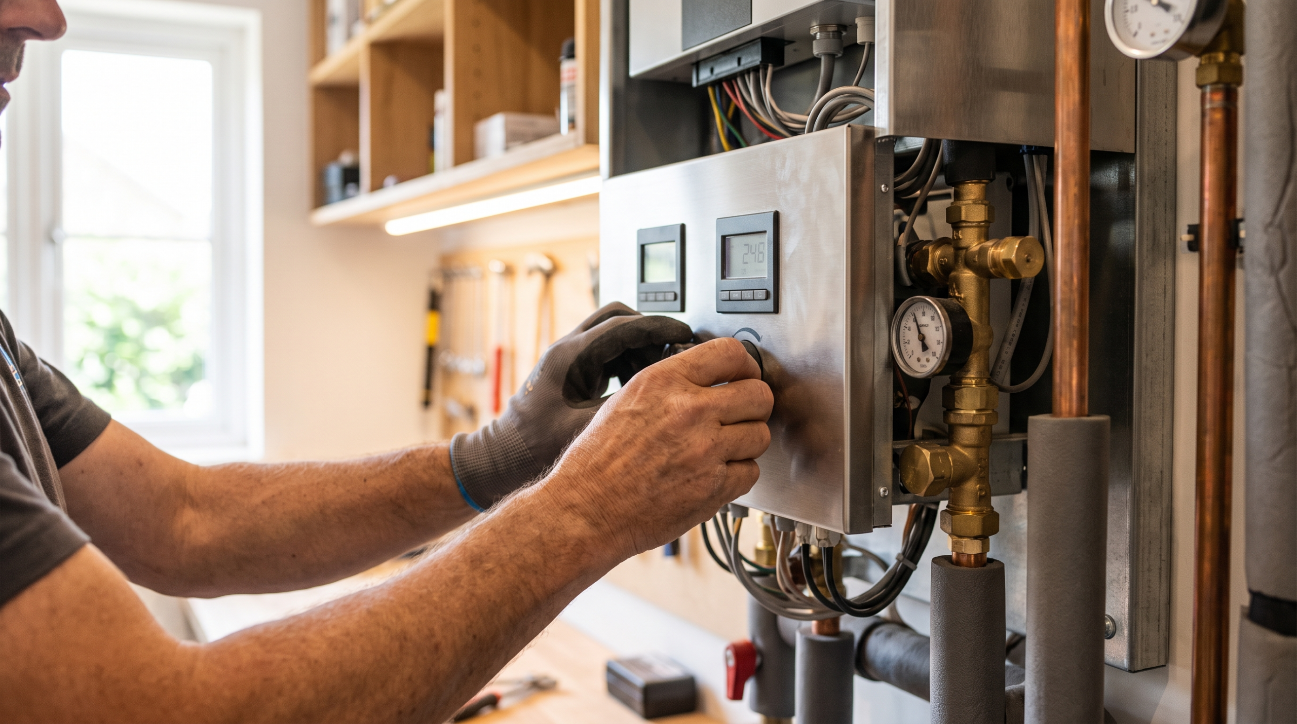 Handwerker installiert Wärmepumpen-Regelungstechnik, Förderung Wärmepumpe 2026 Antrag