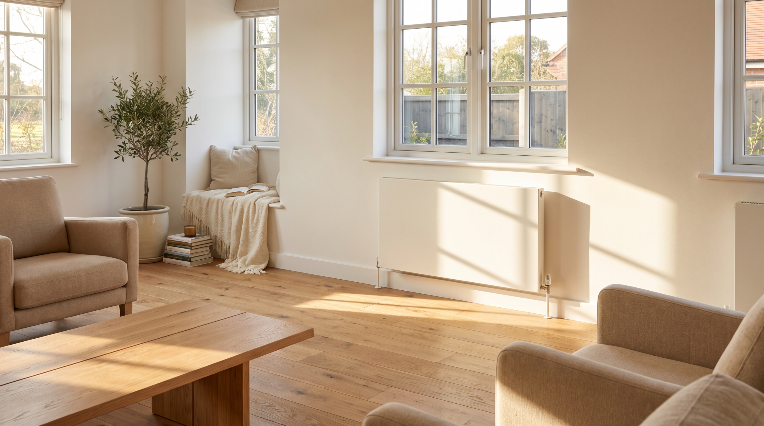 Heizkörper austauschen Kosten: modernes Wohnzimmer mit neuem Flachheizkörper