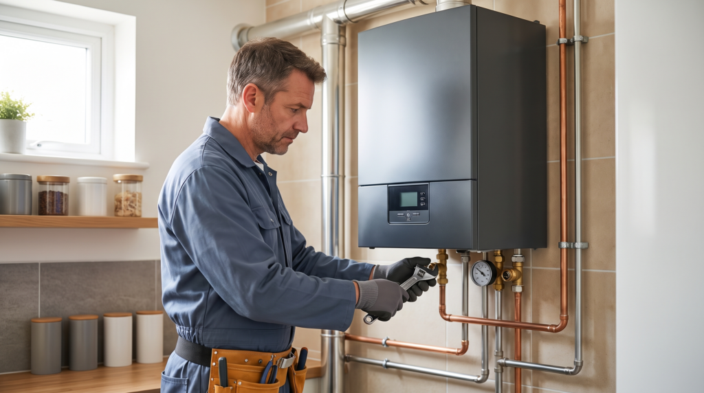 Heizungswartung Kosten: Techniker prüft Heizungsanlage und Manometer