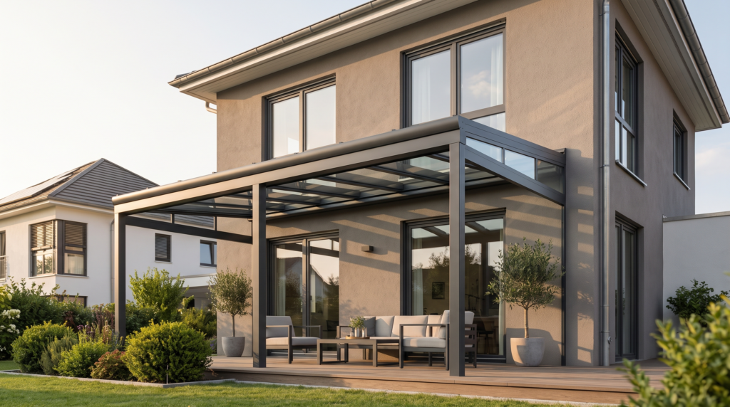 Terrassenüberdachung Kosten: moderne Alu-Glas-Terrassenüberdachung am Einfamilienhaus