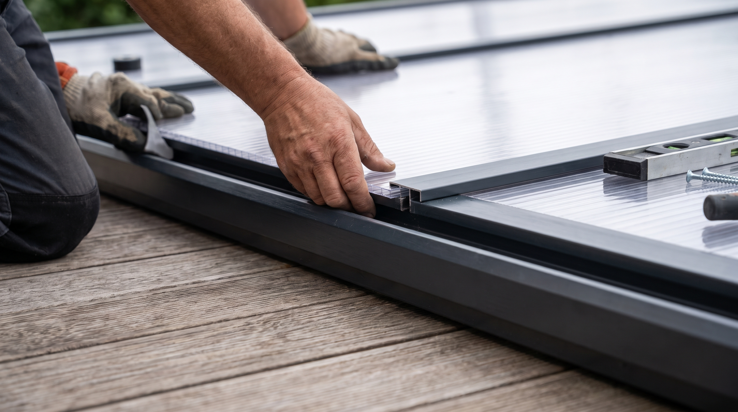 Terrassenüberdachung Kosten: Handwerker montiert Polycarbonat-Dachpaneel in Alu-Rahmen