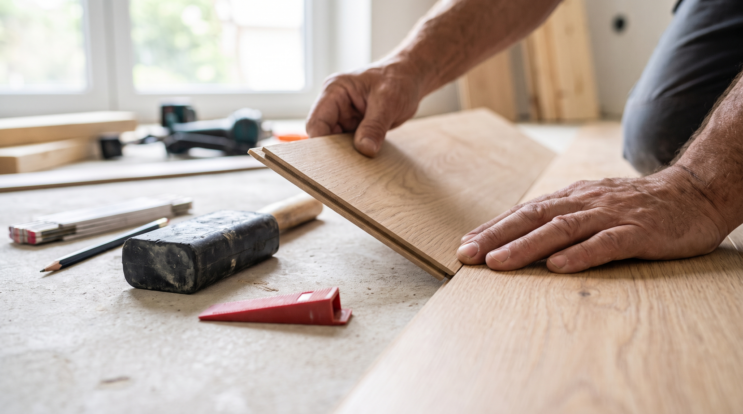 Laminat verlegen Anleitung: Nahaufnahme der Klick-Verbindung zwischen zwei Laminatdielen