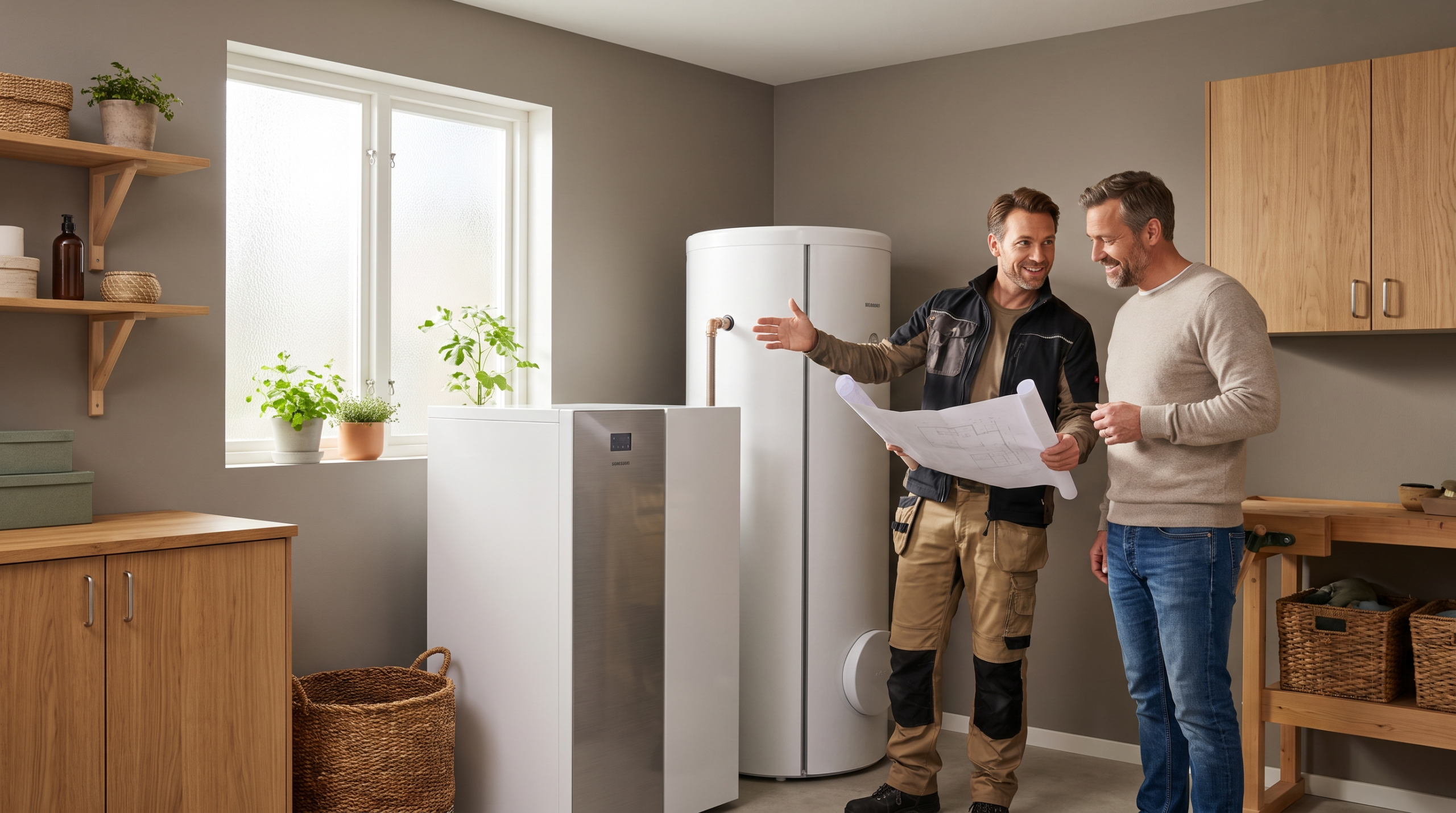 Handwerker installiert Wärmepumpe und bespricht Förderung mit Hausbesitzer
