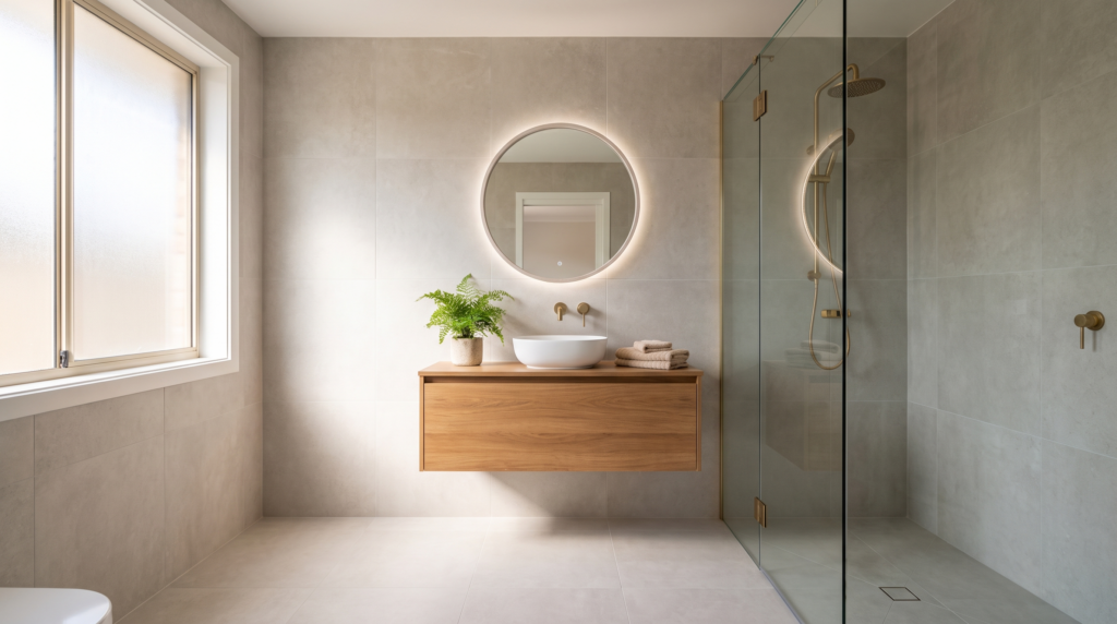 Bad renovieren Kosten: frisch sanierte Badezimmer mit großformatigen Fliesen und begehbarer Dusche