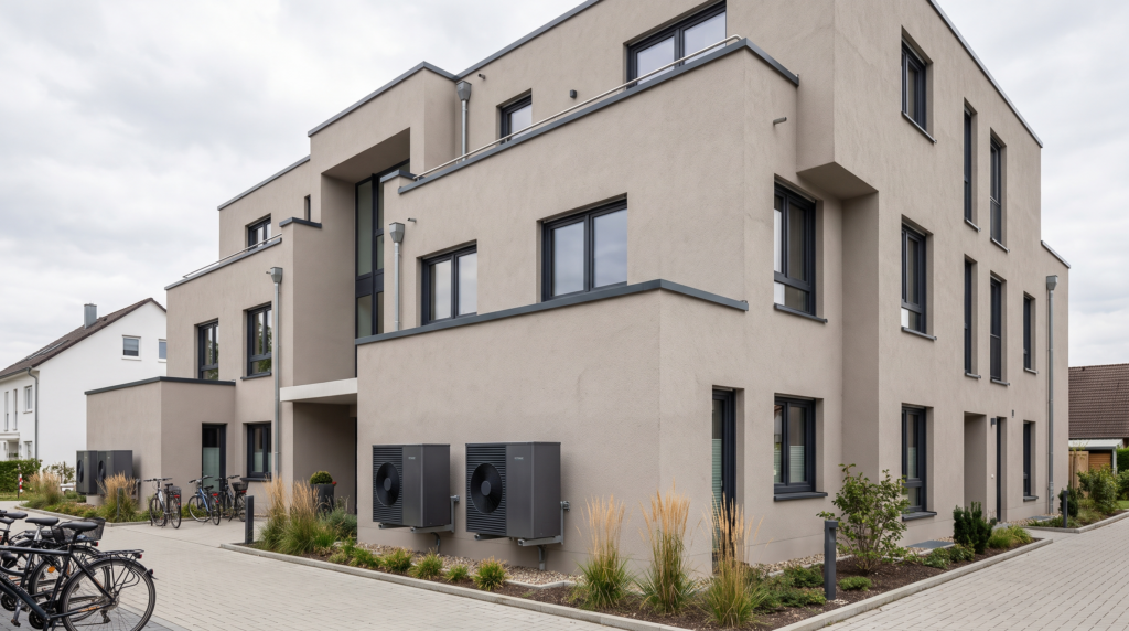 CO2-Kostenaufteilungsgesetz: Mehrfamilienhaus mit Wärmepumpe
