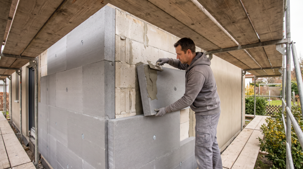 Fassadendämmung Kosten: Handwerker montiert Dämmplatten an der Hausfassade