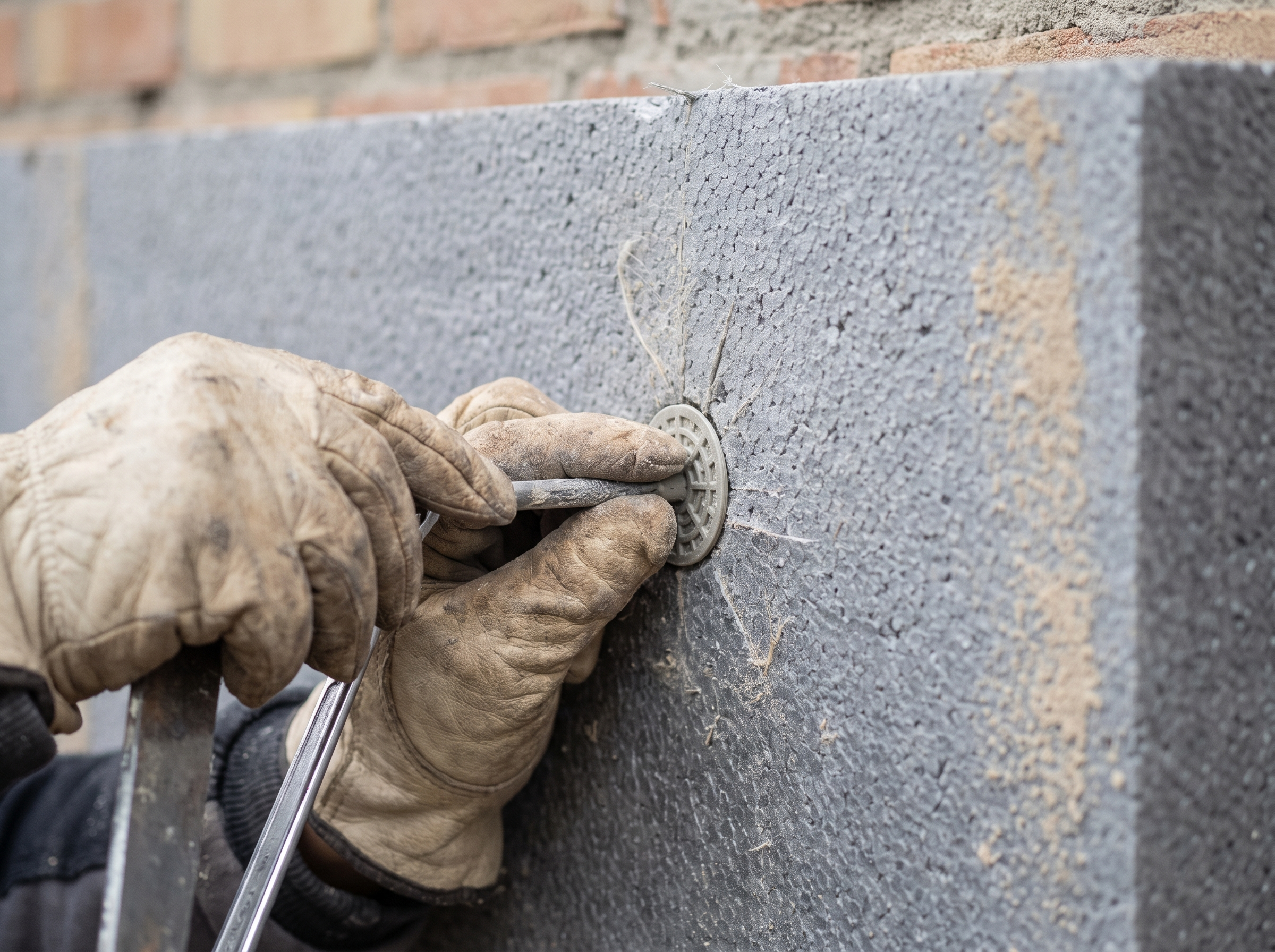 Fassadendämmung Kosten: Dübel wird in Dämmplatte an der Fassade gesetzt