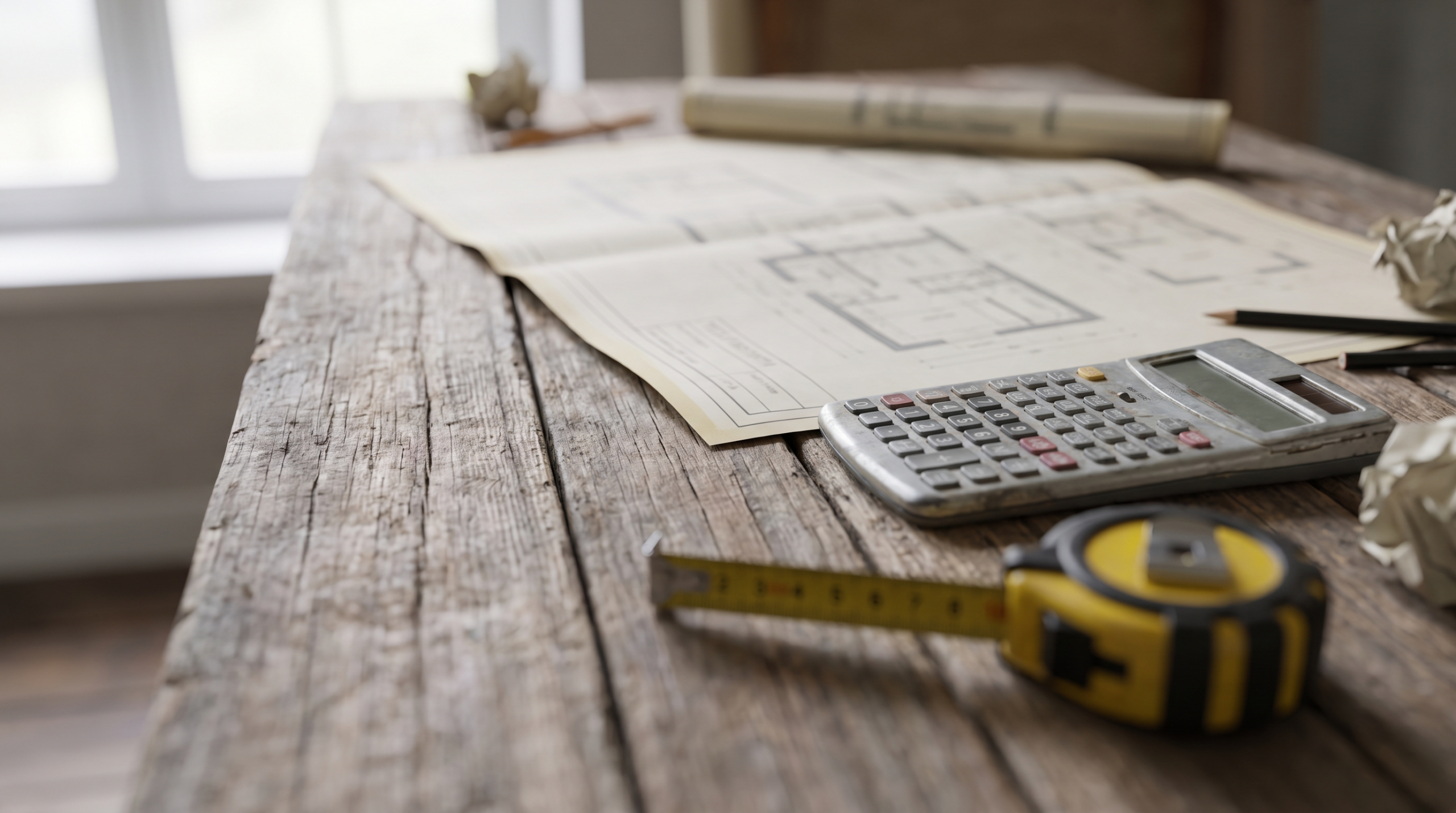 Hausbau Kosten Kalkulation mit Bauplan, Taschenrechner und Maßband auf Baustellentisch