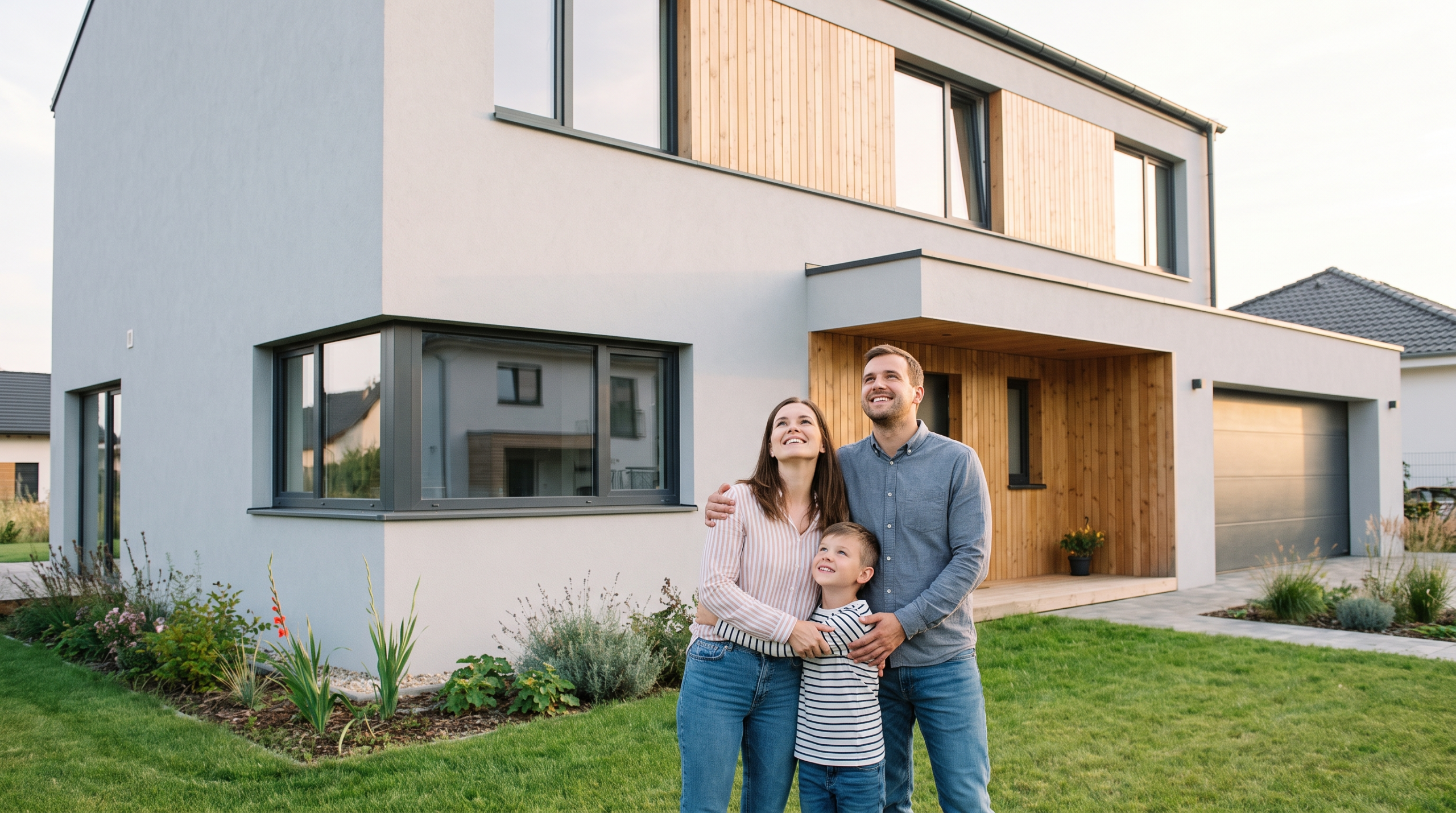 Hausbau Kosten: Familie vor fertig gebautem Einfamilienhaus