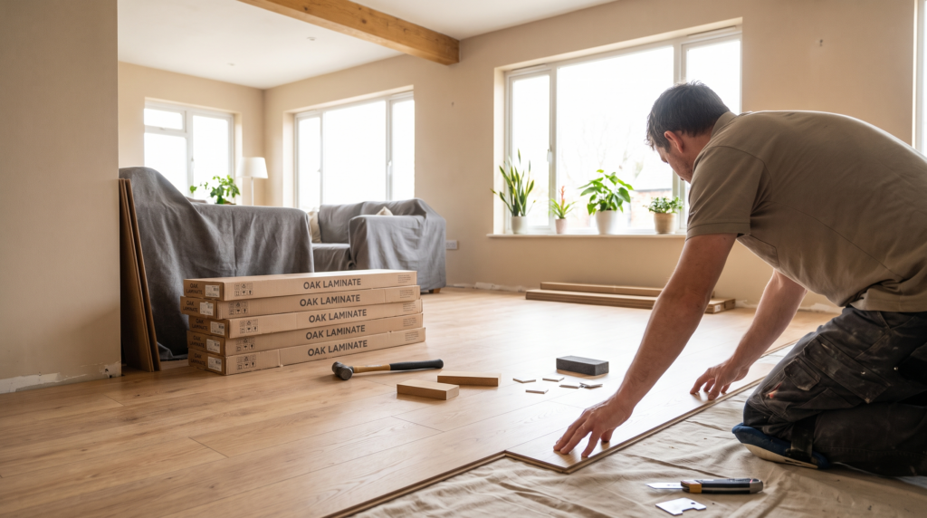 Laminat verlegen Anleitung: Verlegung eines neuen Laminatbodens im Wohnzimmer