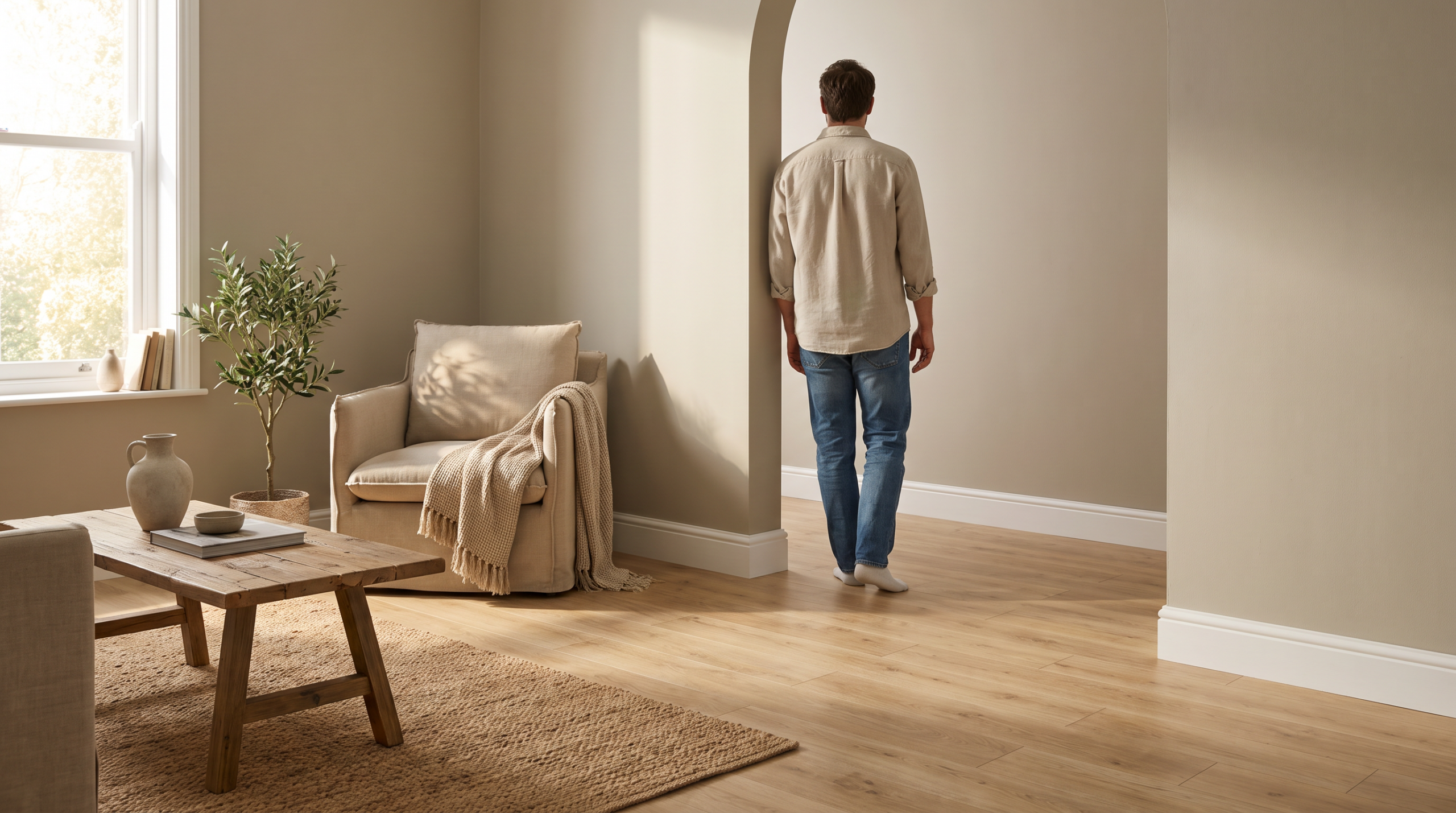 Laminat verlegen Anleitung: fertig verlegter heller Laminatboden im Wohnzimmer