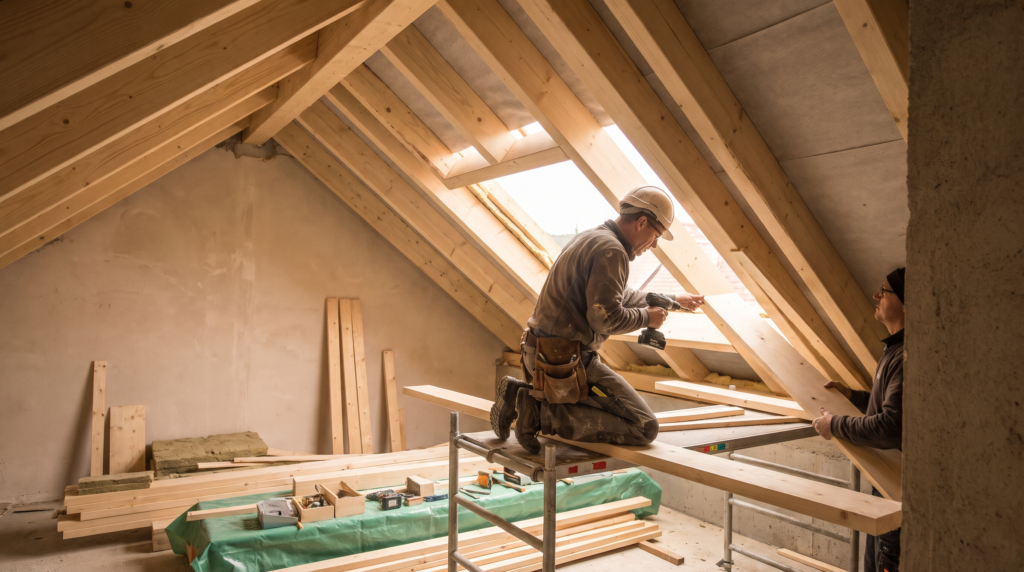 Dachausbau Kosten 2026: Zimmerer installiert neue Dachbalken beim Dachgeschossausbau