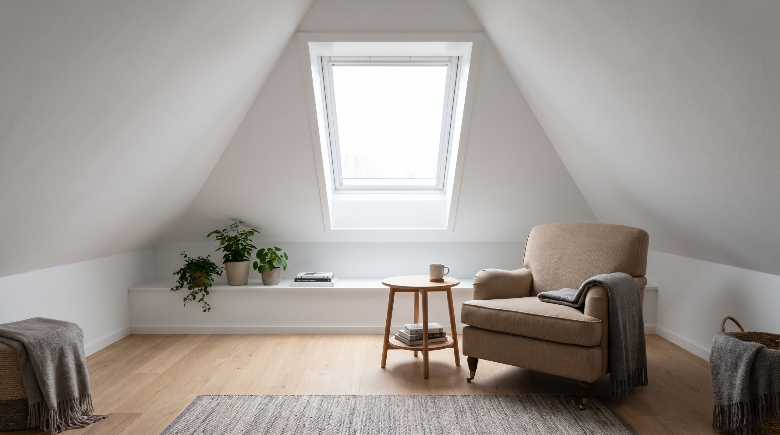 Dachausbau Kosten: fertig ausgebautes, helles Dachgeschoss mit Dachfenster nach der Sanierung
