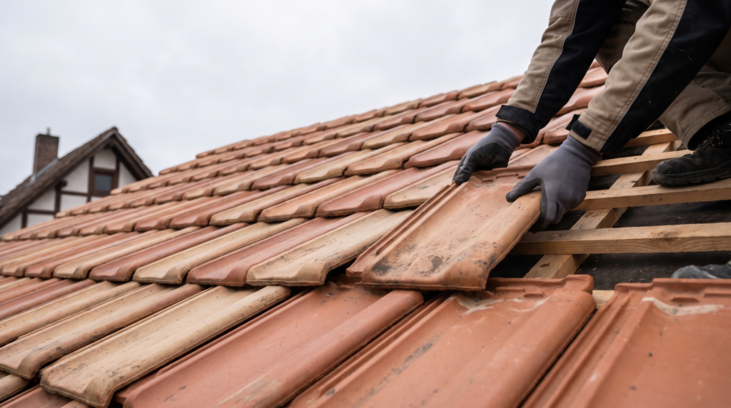Dachdecker Kosten: Dachdecker verlegt neue Dachziegel auf der Lattung